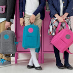 Bluefig Lil Ruck Class 300 Learn to Sew fabric kit backpacks; three colorways: grey, turquoise, pink.