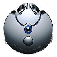 Round robot vacuum cleaner with a blue light on a white background