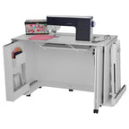 Arrow Chrome Sewing Cabinet with Manual Lift, white cabinet with sewing machine on top