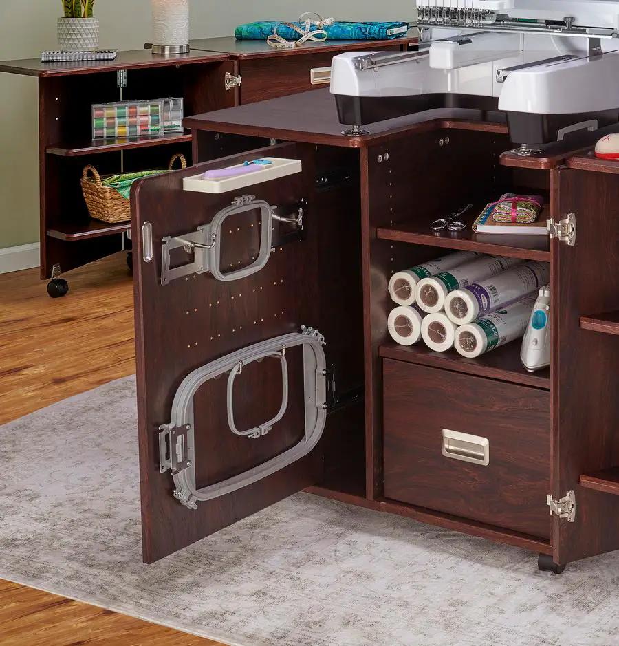 Koala Heritage Embroidery Center sewing cabinet in teak with embroidery hoop door and thread storage