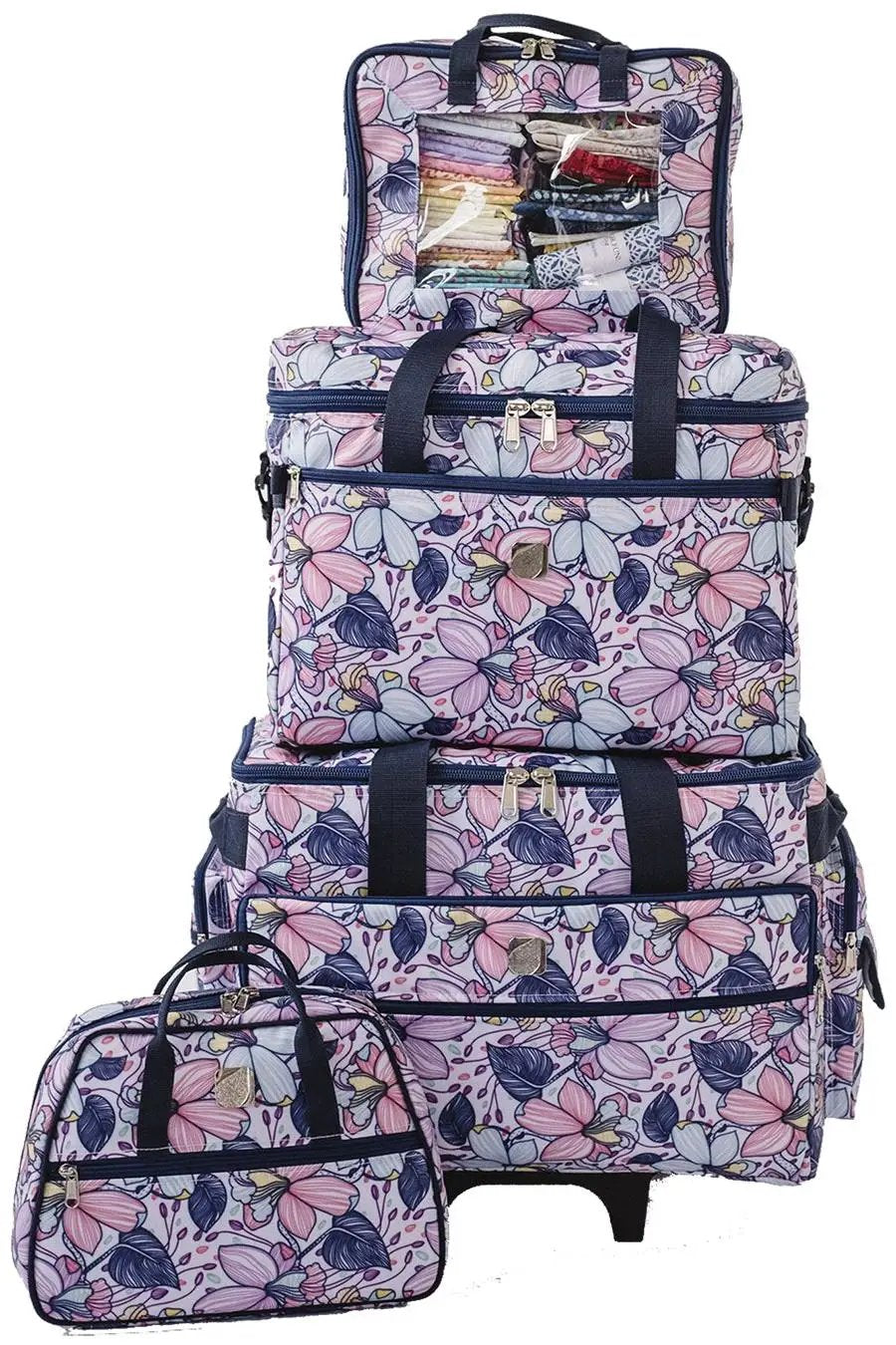 Bluefig Quilter Deluxe Combo: 19" Wheeled Bag, Project Bag, Fat Quarter Bag, Satchel and Thread Carrier - Maisy - Sewingmachinesplus.com