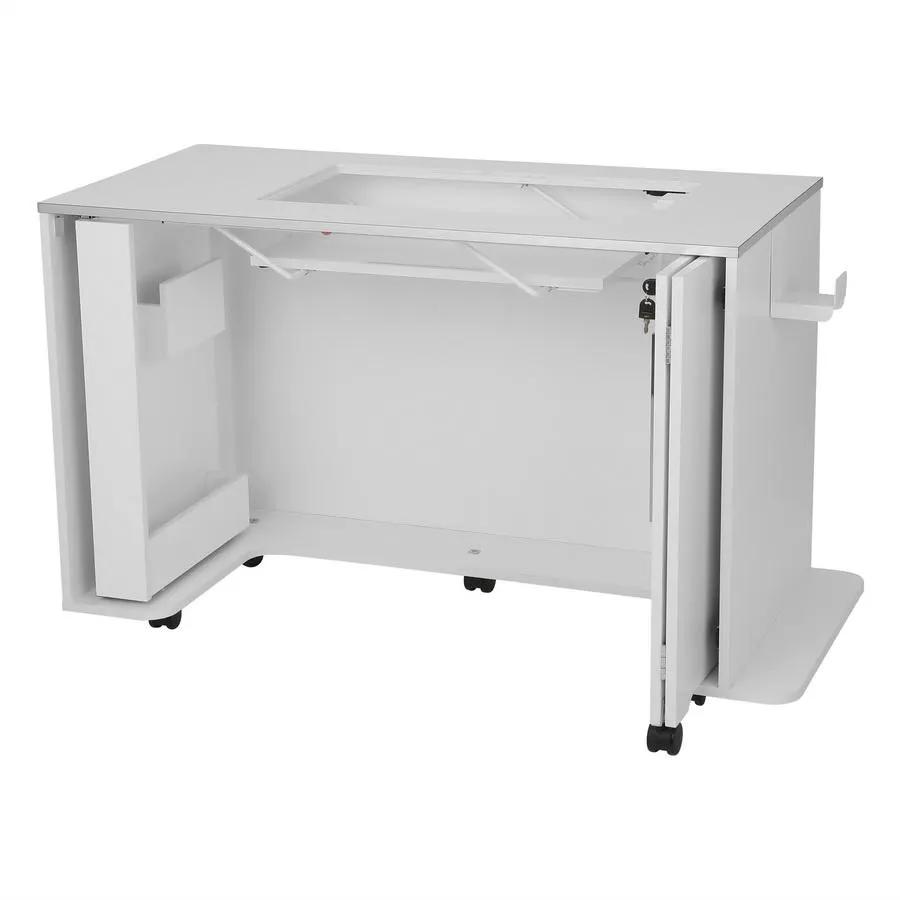 Arrow Chrome sewing cabinet on casters with manual lift, white metal workspace