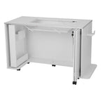 Arrow Chrome sewing cabinet on casters with manual lift, white metal workspace