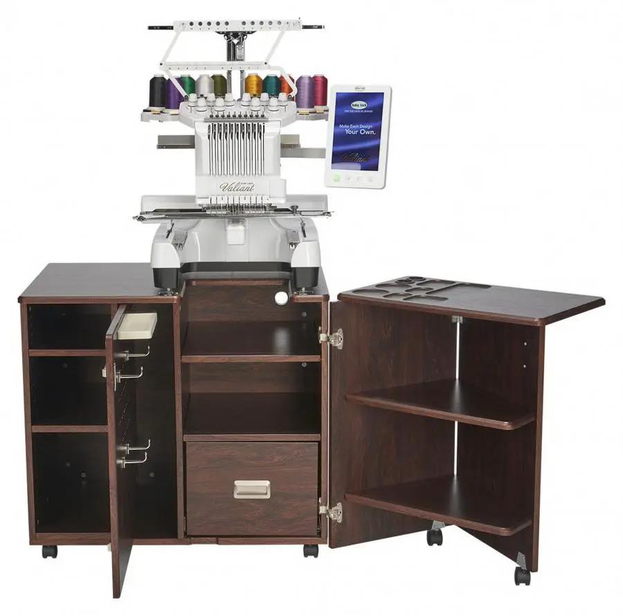 Koala Studios Heritage embroidery center sewing cabinet in teak finish with side storage and wheels