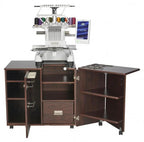 Koala Studios Heritage embroidery center sewing cabinet in teak finish with side storage and wheels