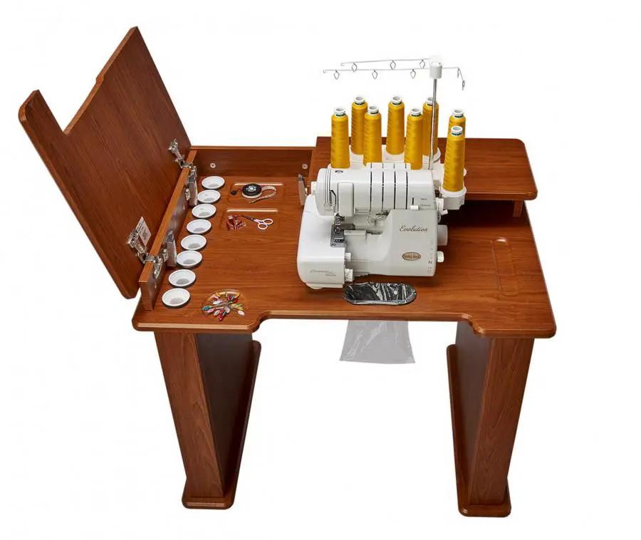 Sewing cabinet Koala Evolution Serger Station in teak with white serger and yellow thread spools