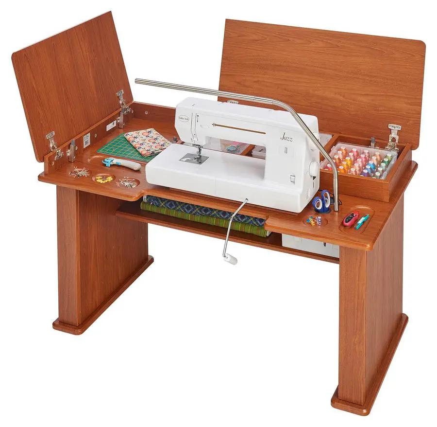 Koala Sewing Station Cabinet in teak wood with sewing machine and thread spool storage