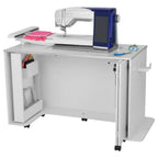 Arrow sewing cabinet with manual lift; white rolling cabinet with blue Arrow sewing machine on top.
