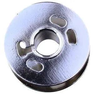 Singer metal bobbin, silver circular disc with central hole.