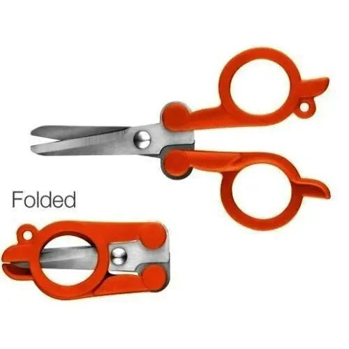 Fiskars 4in folding scissors, orange; two pieces shown, open and folded
