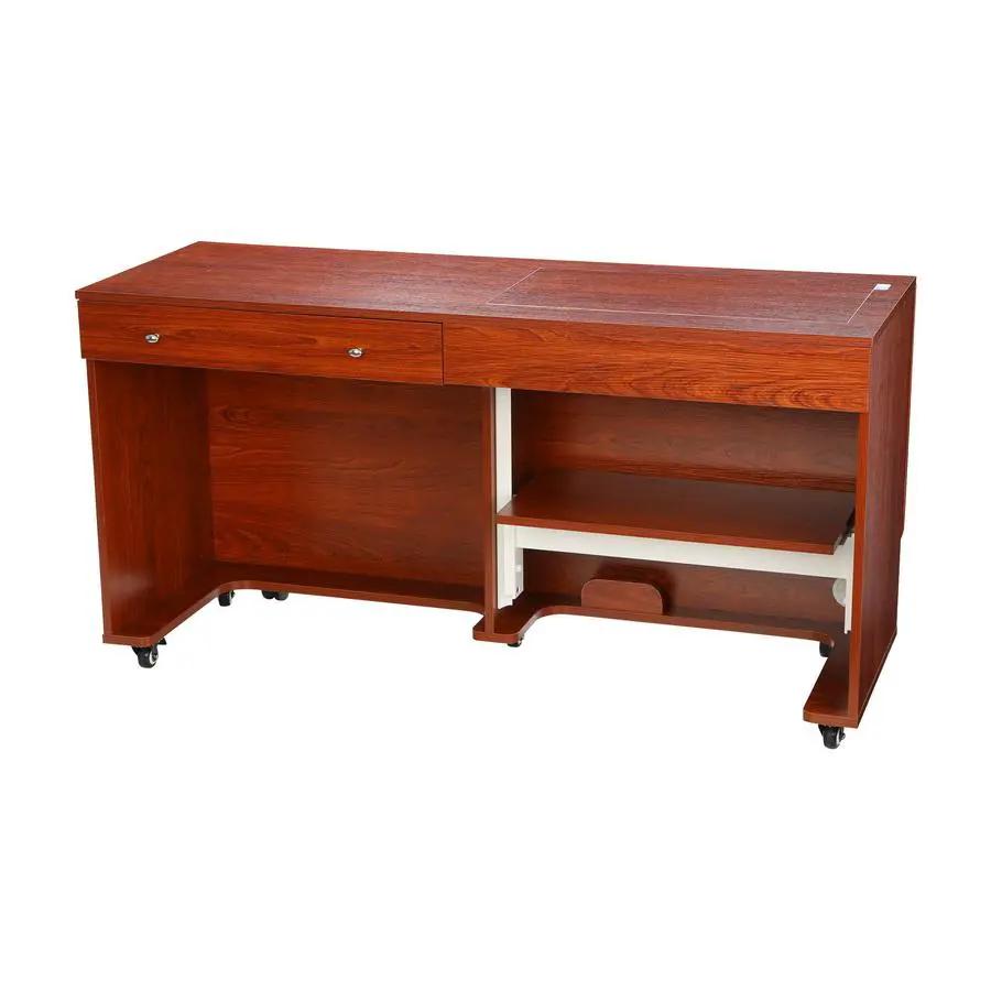 Kangaroo II Sewing Cabinet in teak wood on caster wheels with two top drawers and open shelf