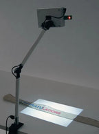 DIME Maximum View Projector on white adjustable arm projecting blue and red CONGRATULATIONS text onto surface