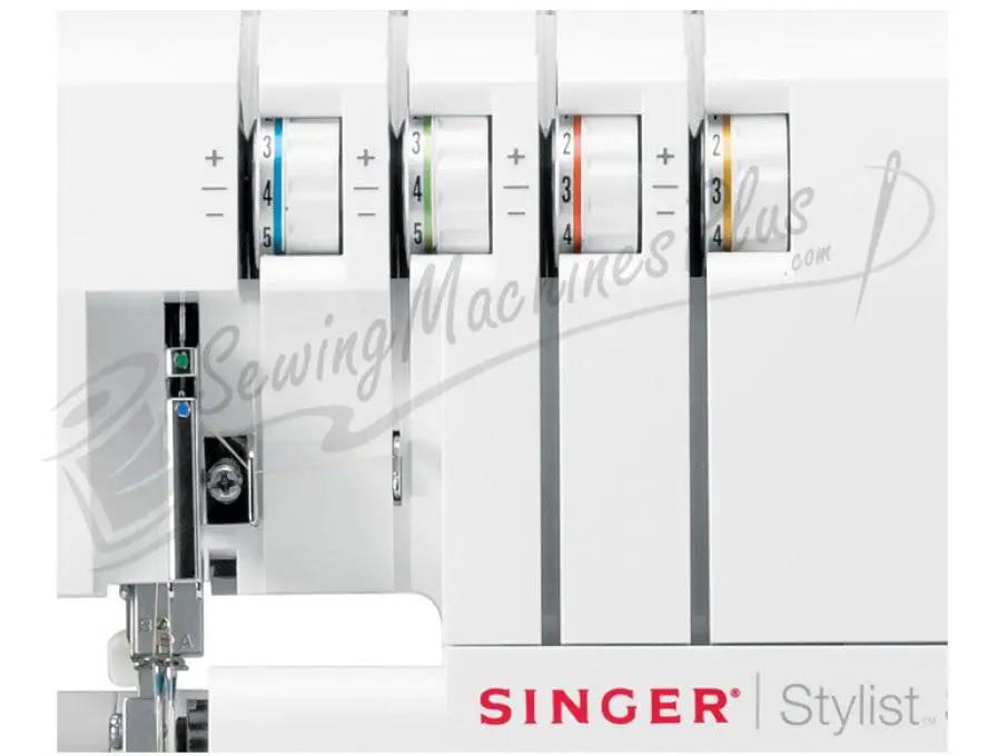 Singer Stylist 14SH764 serger in white with four color-coded thread spools visible