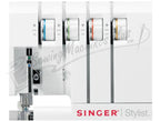 Singer Stylist 14SH764 serger in white with four color-coded thread spools visible