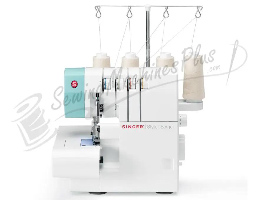Singer Stylist Serger 14SH764 with teal accent, four-thread setup and threading stand.
