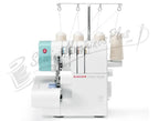 Singer Stylist Serger 14SH764 with teal accent, four-thread setup and threading stand.