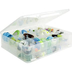 Creative Options double-sided clear craft storage case with compartments, filled with colorful threads