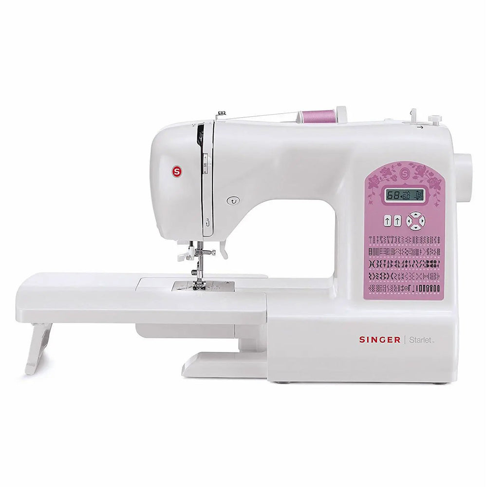 Singer Starlet sewing machine, white with pink control panel and stitch chart.