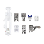 Singer Starlet sewing machine presser feet set, 9-piece with white plastic organizer.
