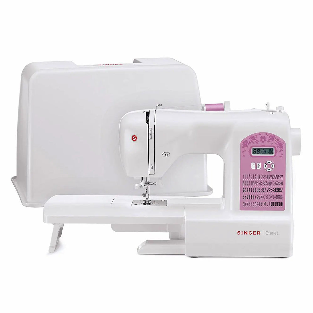 Singer Starlet sewing machine (6699) in white with pink control panel.