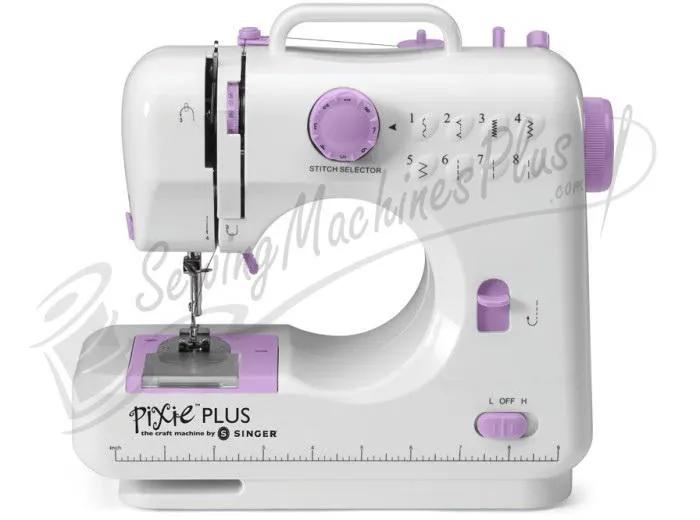 SINGER Pixie Plus 2 sewing machine, white with purple accents, compact portable model