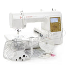 Singer S10 Studio embroidery machine, white industrial-grade with touchscreen display and included hoop set.