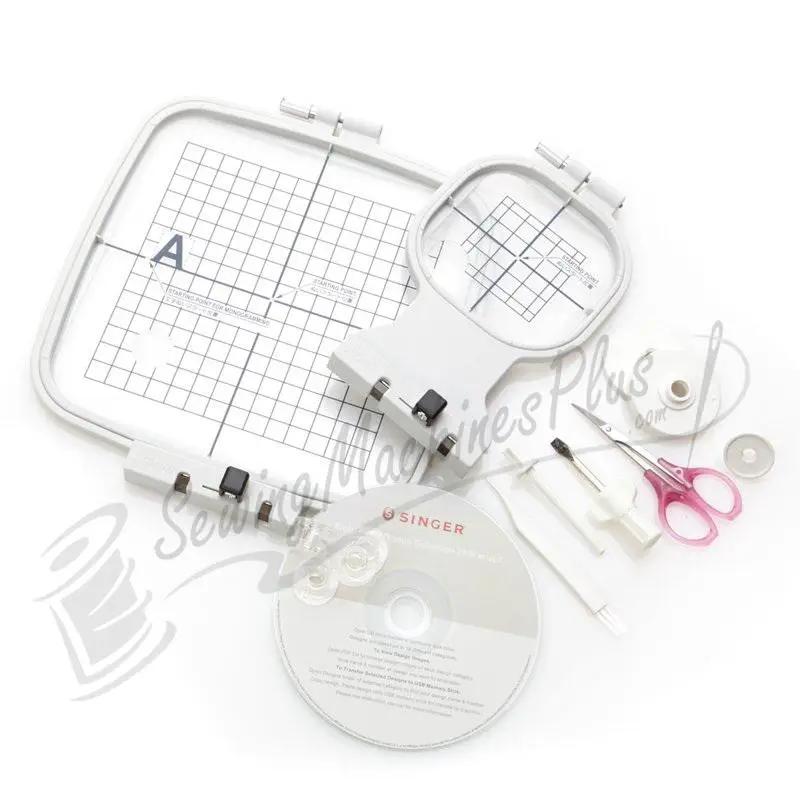 Singer S10 Studio embroidery machine accessory set in white with hoops, a CD, and pink-handled scissors