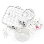 Singer S10 Studio embroidery machine accessory set in white with hoops, a CD, and pink-handled scissors