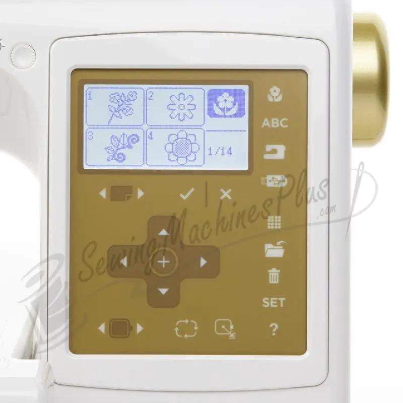 Singer S10 Studio embroidery machine control panel in white with a gold touchscreen displaying pattern grid