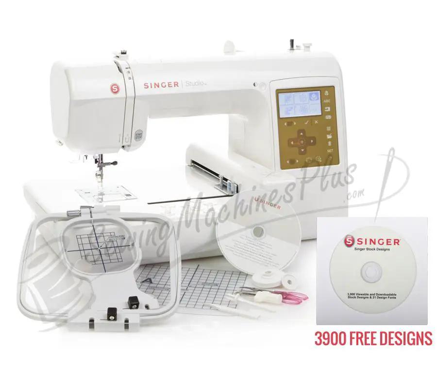 Singer S10 Studio embroidery machine, white with embroidery hoop and accessories, includes 3900 free designs.