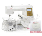 Singer S10 Studio embroidery machine, white with embroidery hoop and accessories, includes 3900 free designs.