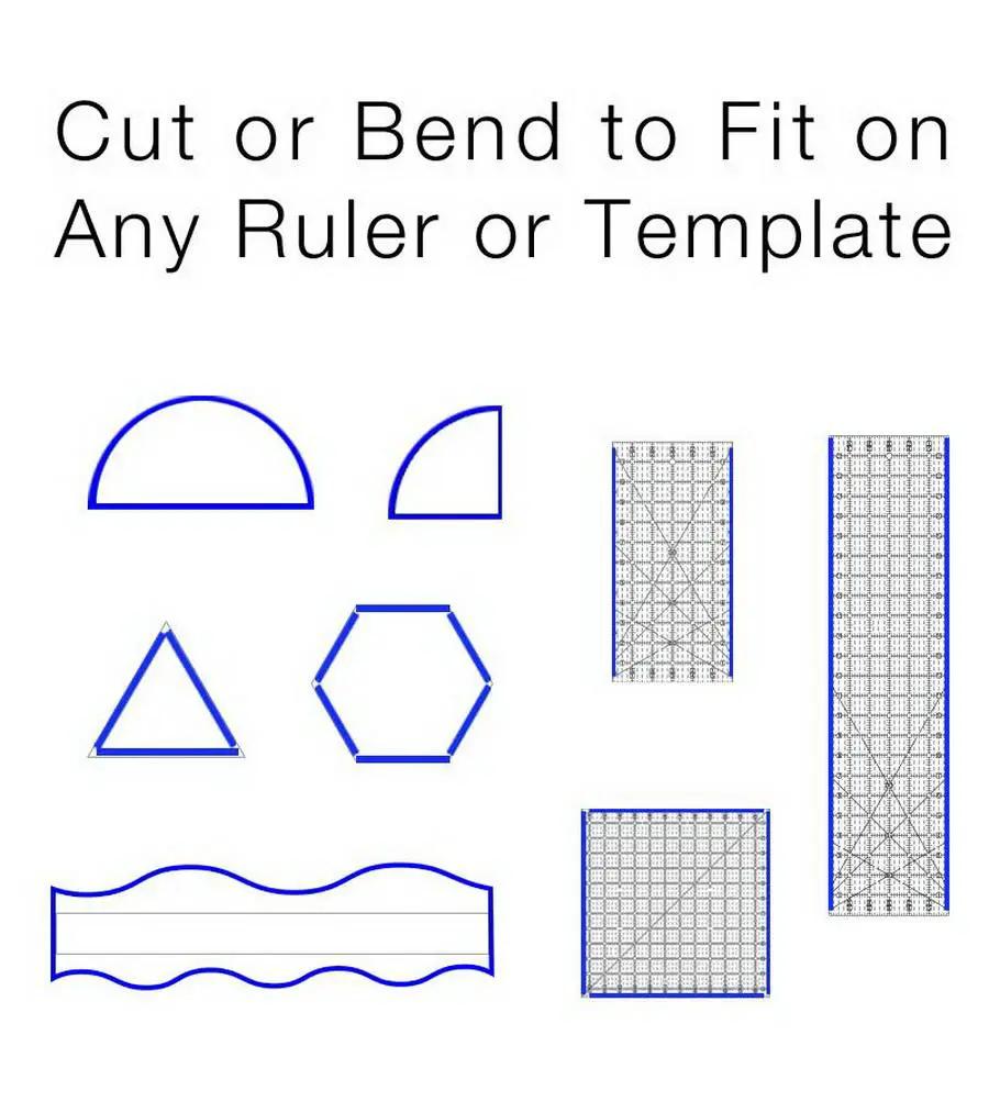 Grip Strips from Guidelines 4 Quilting; blue outlined templates for semicircles, triangles, hexagons, and grid rulers.