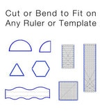Grip Strips from Guidelines 4 Quilting; blue outlined templates for semicircles, triangles, hexagons, and grid rulers.