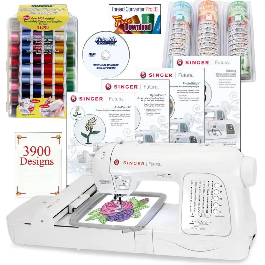 Singer XL-420 Futura embroidery machine in white with bonus package and accessories