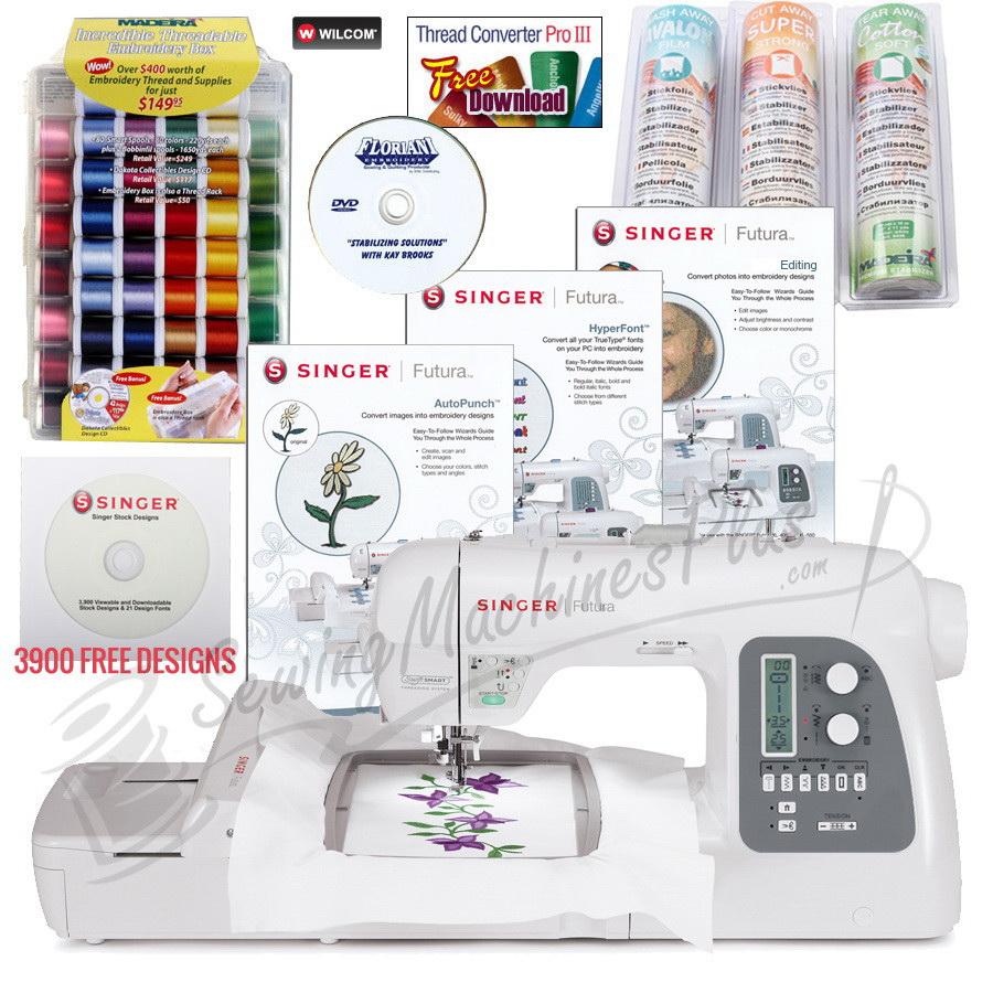 Singer Futura XL-550 w/ BONUS PACKAGE! Software, Stabilizer, Thread, 3900 FREE Embroidery Designs, & More!