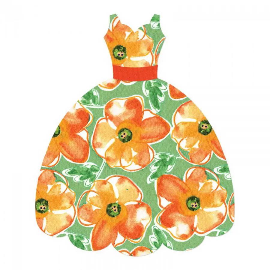 Sizzix Bigz L Die Dress by Rachael Bright; green background with orange floral pattern.