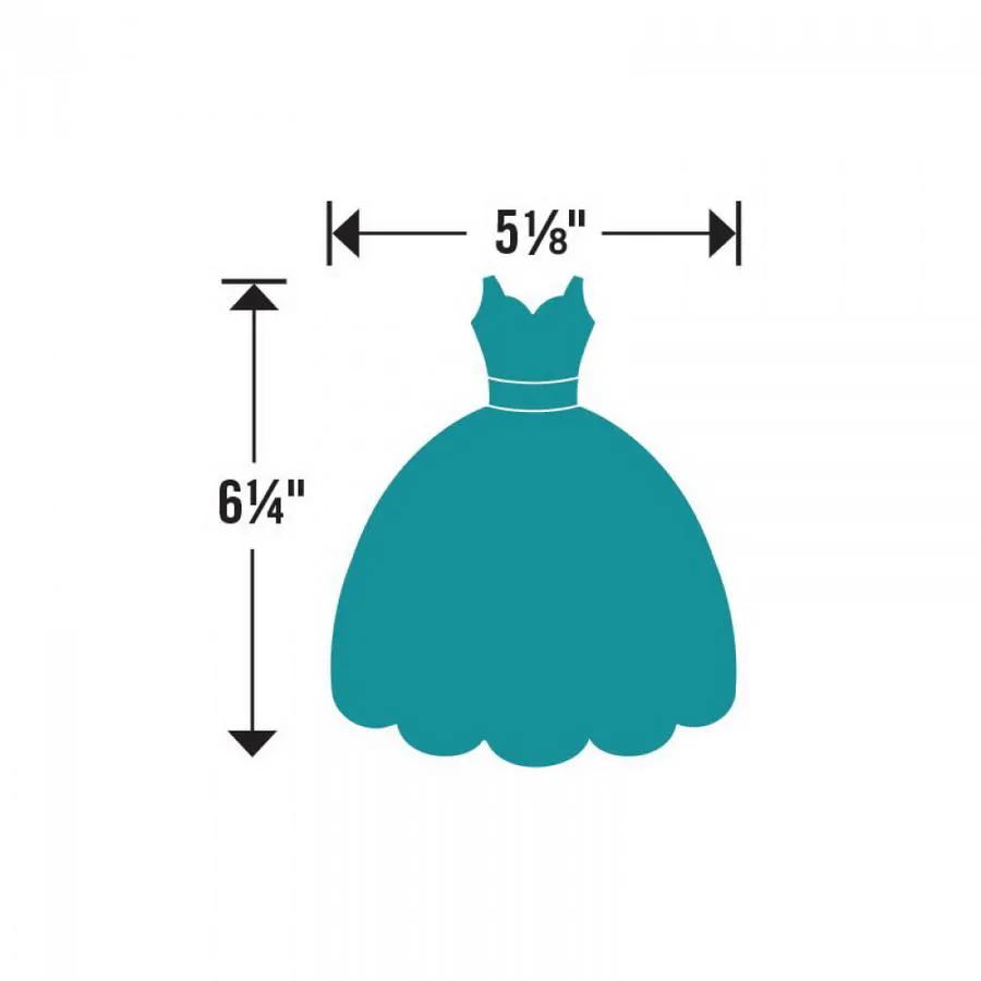 Sizzix Bigz L Die Dress by Rachael Bright teal dress silhouette with 5 1/8 in by 6 1/4 in dimensions.