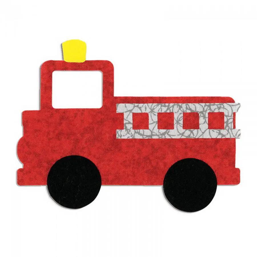 Sizzix Bigz L Fire Truck die-cut; red truck with black wheels and a yellow top