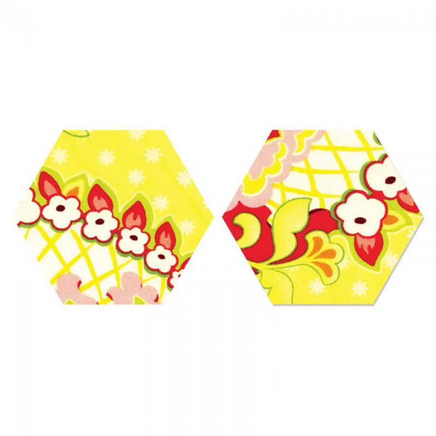 Sizzix Bigz Die Hexagons, 1 1/2 in sides; two yellow floral paper hexagons.