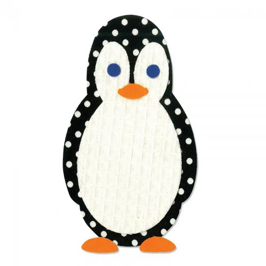 Sizzix Bigz Die Penguin cutout by Stu Kilgour; black polka-dotted edge, white belly, blue eyes, orange beak and feet.