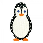 Sizzix Bigz Die Penguin cutout by Stu Kilgour; black polka-dotted edge, white belly, blue eyes, orange beak and feet.