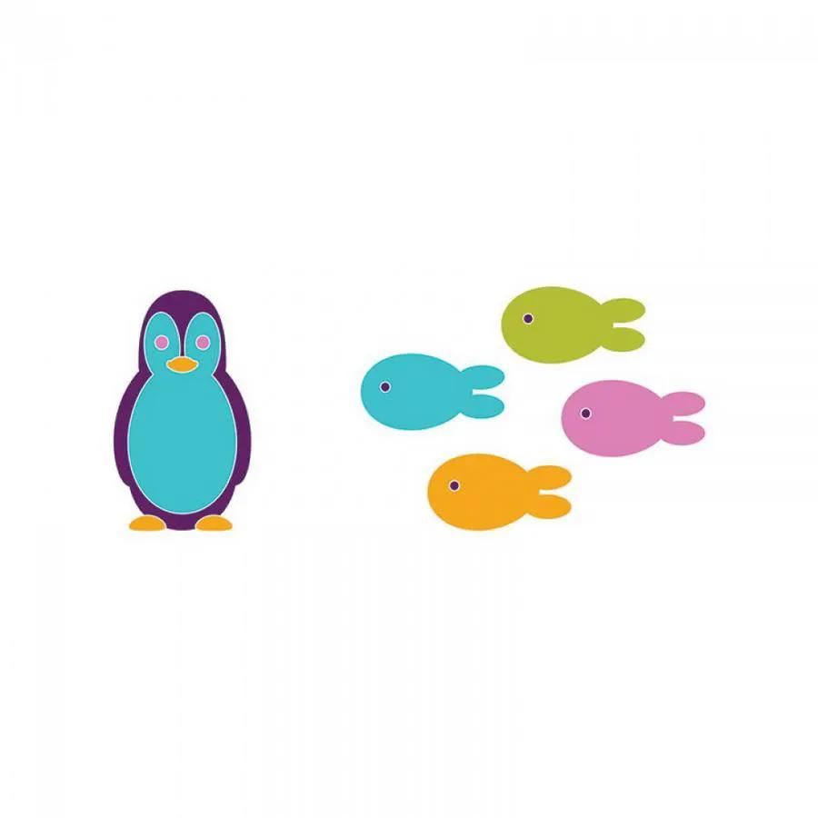 Sizzix Bigz Die Penguin by Stu Kilgour; one penguin with teal body and purple outline, plus four fish shapes.
