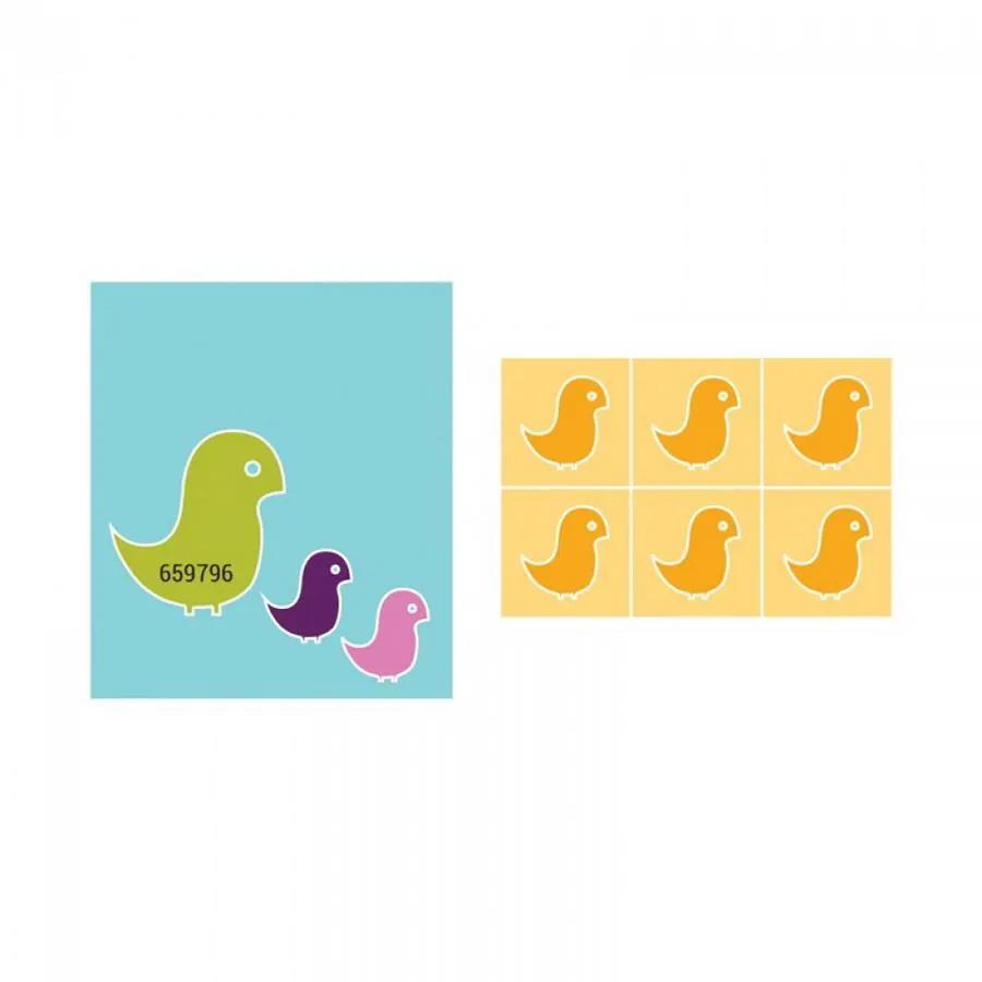 Sizzix Bigz Die Bird #4; three colorful birds on blue panel and six orange tiles with yellow birds