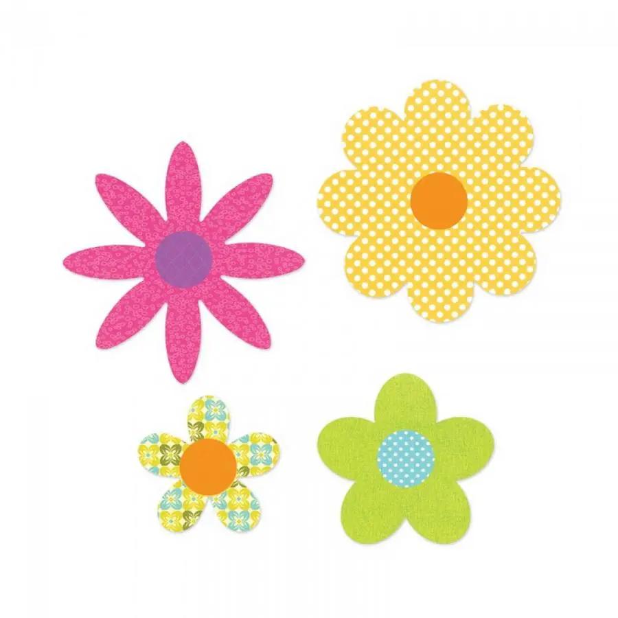 Sizzix Bigz Die Flower Layers #15 cutting dies; four colorful flowers (pink, yellow dotted, lime green, patterned) with centers.