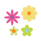 Sizzix Bigz Die Flower Layers #15 cutting dies; four colorful flowers (pink, yellow dotted, lime green, patterned) with centers.