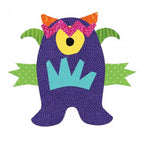Sizzix Bigz Die Monster by Lynda Kanase; purple dotted monster with teal jagged chest piece, pink mane, and green arms.