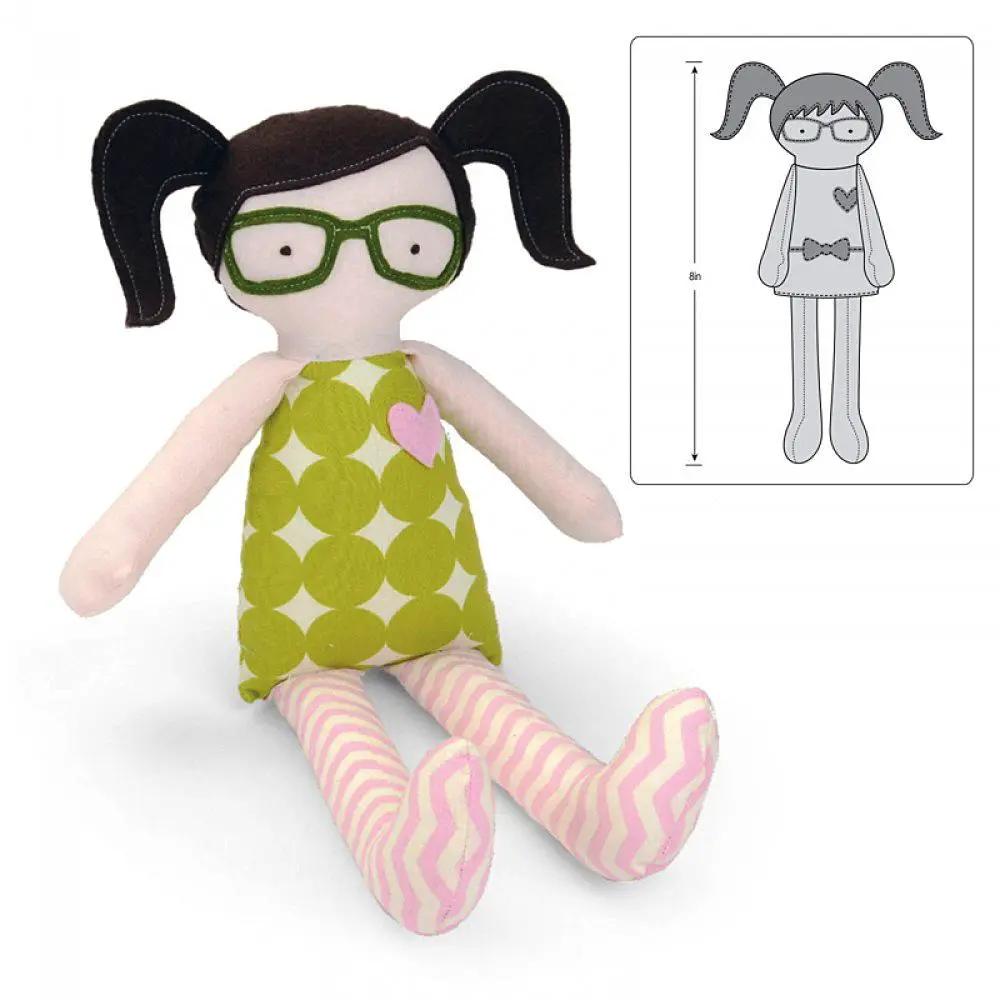 Sizzix Bigz XL 25 Inch Doll Die plush doll with black pigtails, green glasses, lime dress with circles, pink striped legs