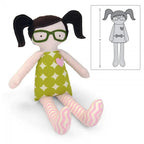 Sizzix Bigz XL 25 Inch Doll Die plush doll with black pigtails, green glasses, lime dress with circles, pink striped legs