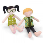 Doll plush figures: two fabric dolls in colorful outfits, one with green glasses.