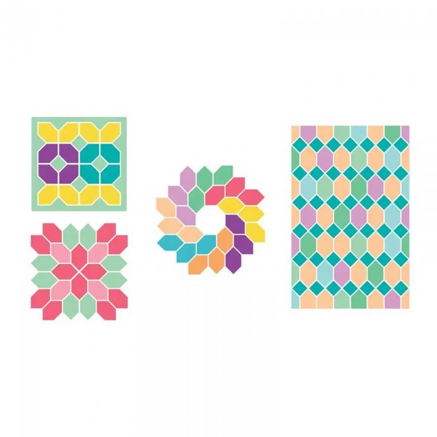 Sizzix Bigz Die - Honeycombs & Squares; three colorful honeycomb designs shown in pastel colors